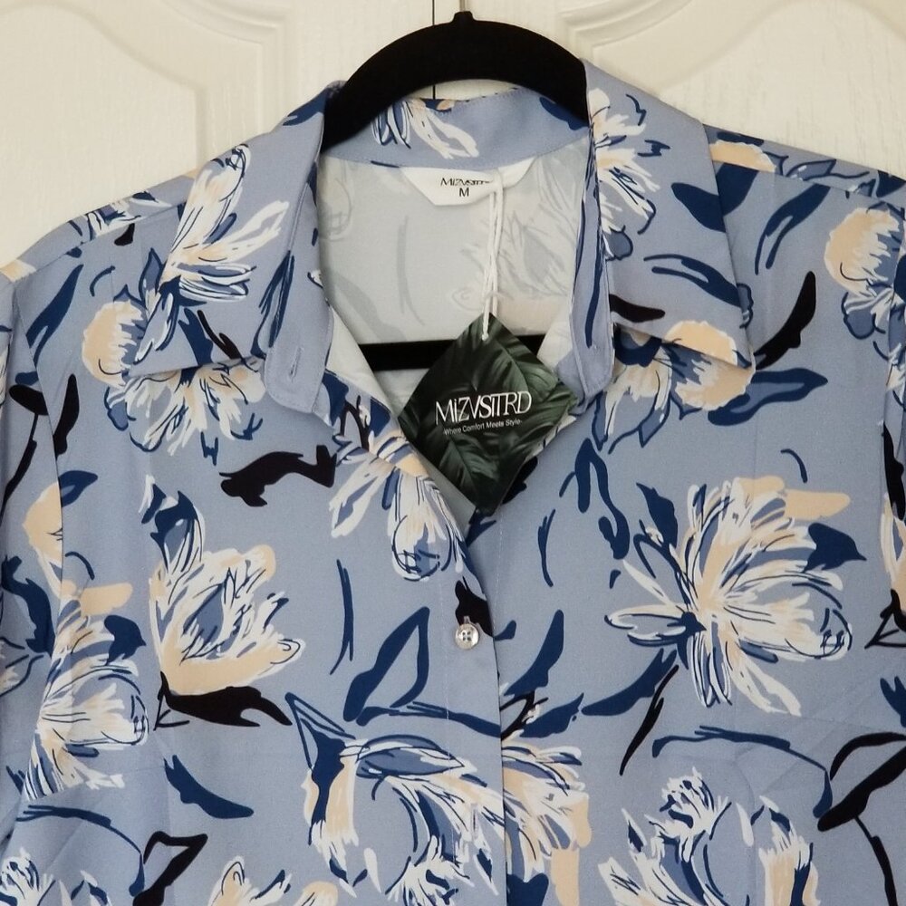 NWT! Womens Short Sleeve Floral Hawaiian Print Button-Down Shirt Top Blouse - Picture 6 of 12